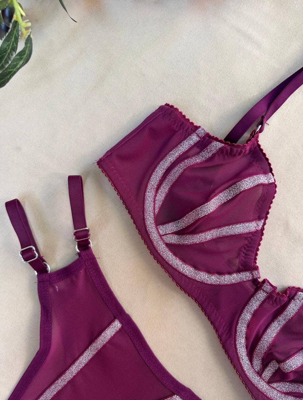 Mürdüm Destekli Simli Sütyen Takım - Görsel 5