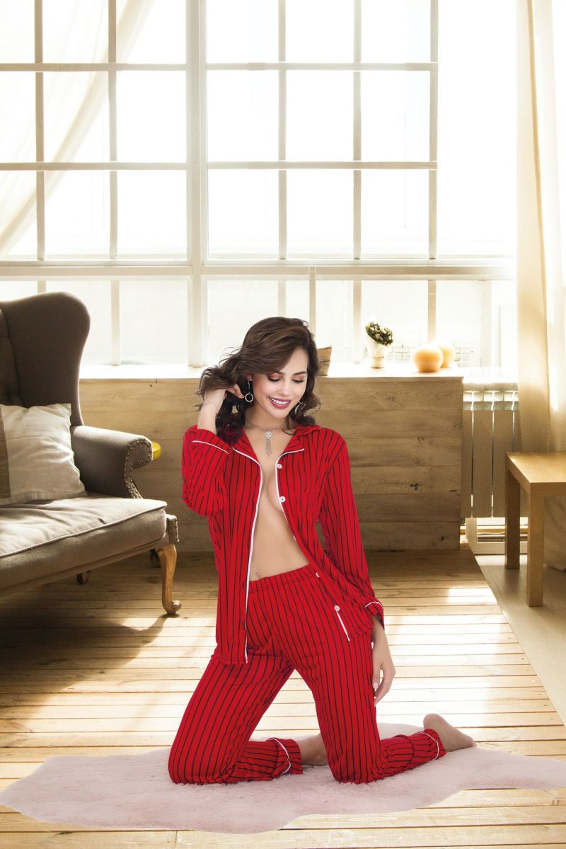 Kırmızı Desenli Gömlek Yaka Kadın Pijama Takımı İzabel 4005